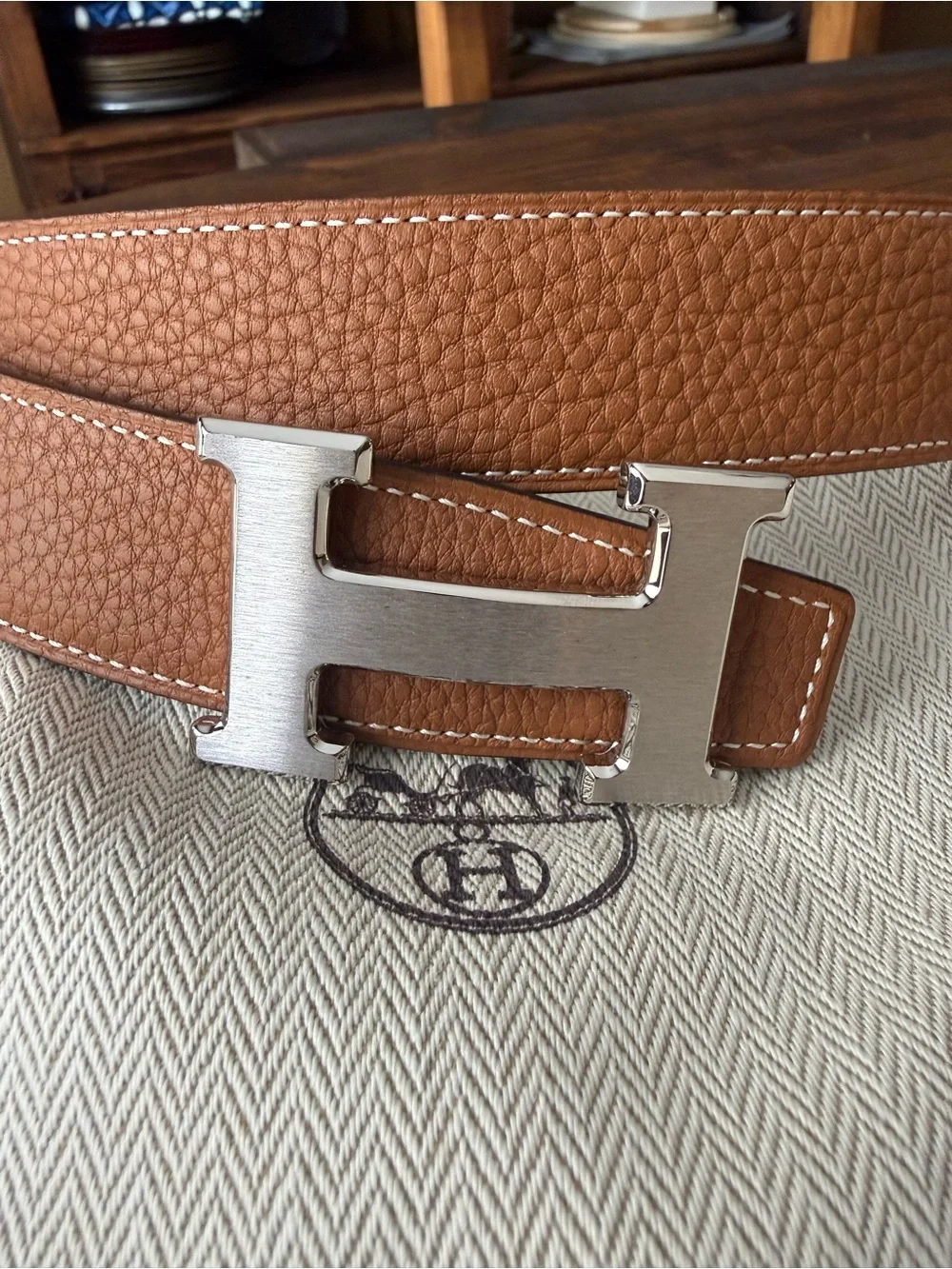 Hermes Reversible Black and Tan Leather Belt with Silver H Buckle